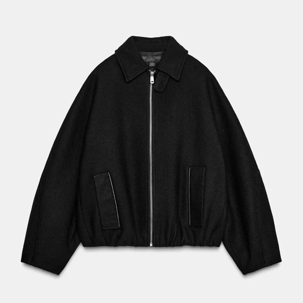 Zara CONTRAST COLLAR WOOL BALLOON BOMBER JACKET - Picture 2 of 12